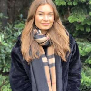 Camel Burberry Style Black Bordered Scarf.