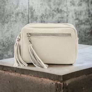 stone leather double tassel crossbody bag