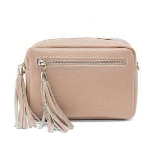 nude leather crossbody with tassles
