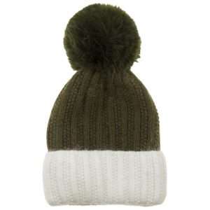 Olive knitted luxury hat with foldback and faux pom