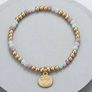 pastel crystals and gold beads stretchy stacking bracelet with a tree of life pendant