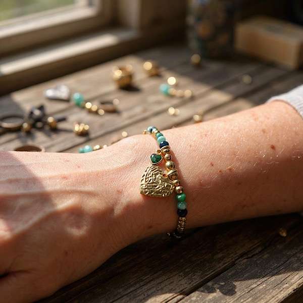 green bracelet on wrist