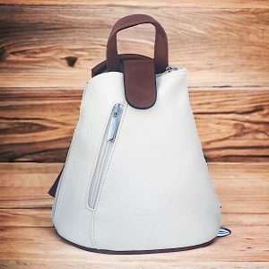 white and tan mini backpack