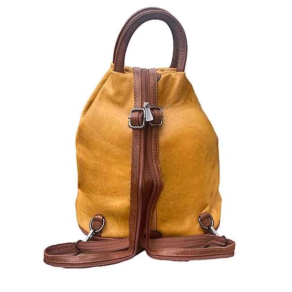 mustard backpack with tan trim