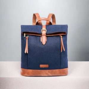 navy tweed backpack with tan trim