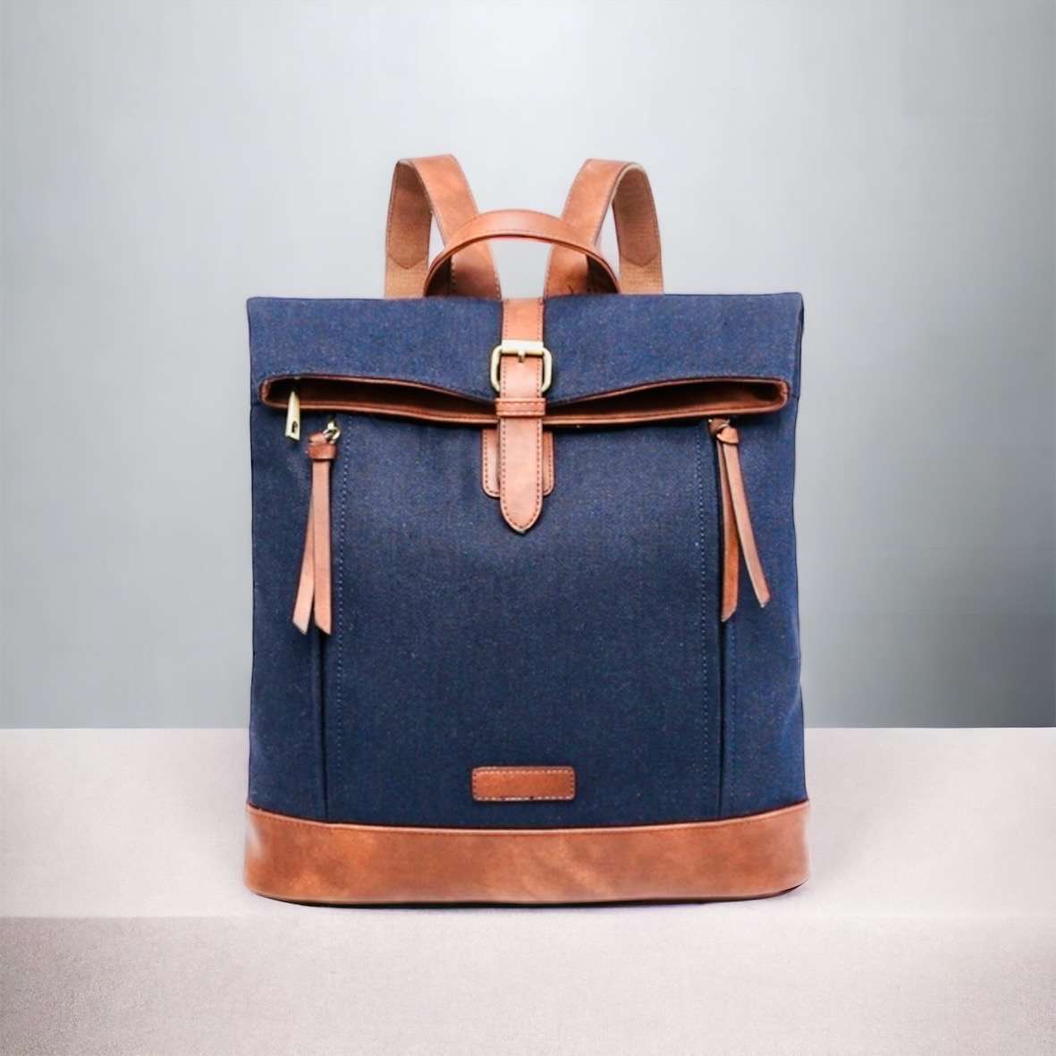 navy tweed backpack with tan trim