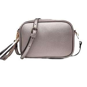pewter vegan leather bag with gold hardware