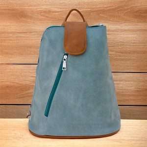 blue back pack with zip and tan trim