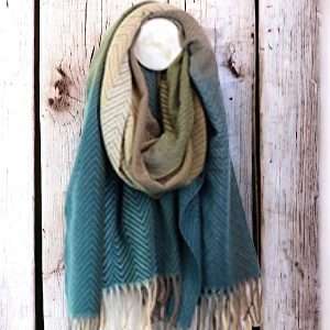 teal and olive green scarf with tassels