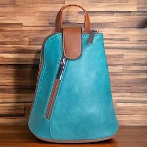 teal mini backpack with front zip and magnetic clasp button closure