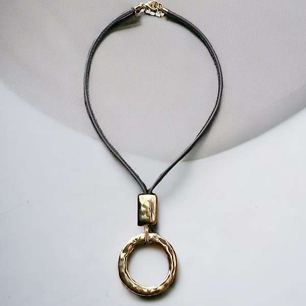 gold pendant necklace with faux leather chain