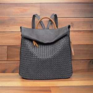grey backpack with a tan trim
