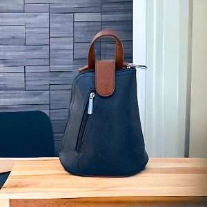 navy and tan triangular mini backpack
