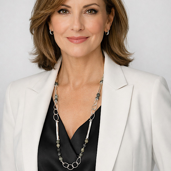 grey necklace on model