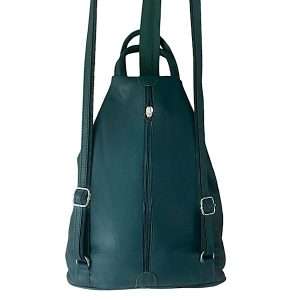 back of teal leather backpack