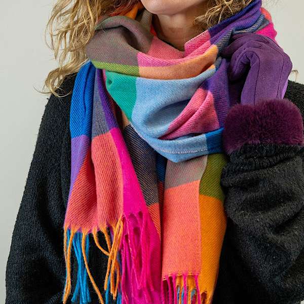 vibrant orange blues purple block scarf