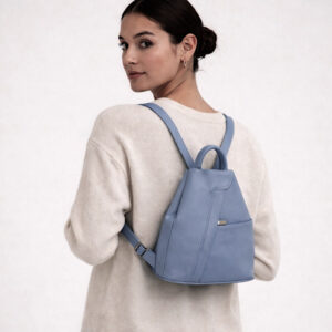 Blue leather backpack on model