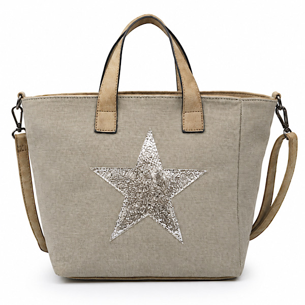 Taupe star bag showing long straps