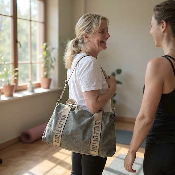 Camel bag on woman