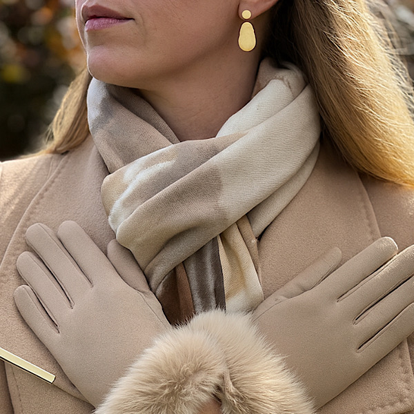 stone furry gloves worn