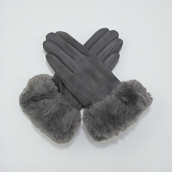 grey furry gloves