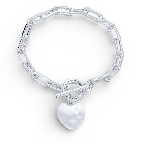 brushed silver heart tbar braceelet