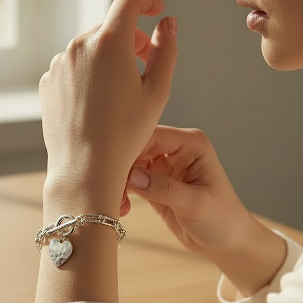 t bar heart bracelet on wrist