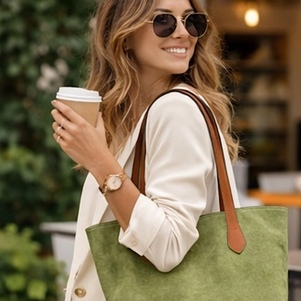 apple green faux suede tote bag lifestyle shot