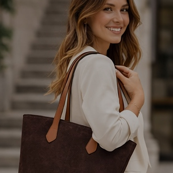 coffee brown faux suede tote bag carried by woman