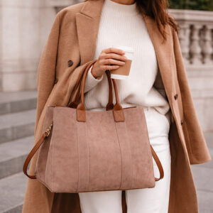 neutral faux suede tote bag styled with coat