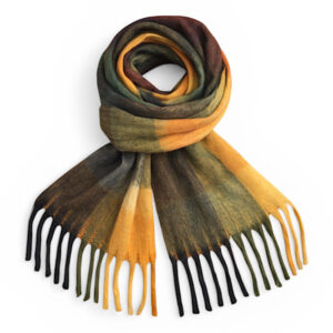 large winter tassel scarf in green gold rust and grey