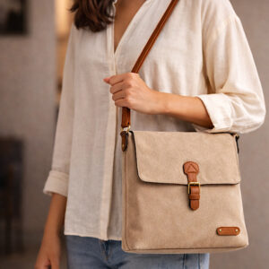 woman wearing sand cross body bag