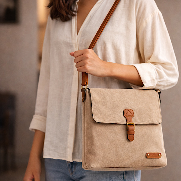 woman wearing sand cross body bag