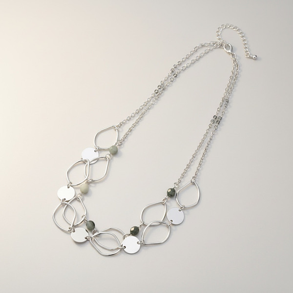 layered necklace green bead silver disc