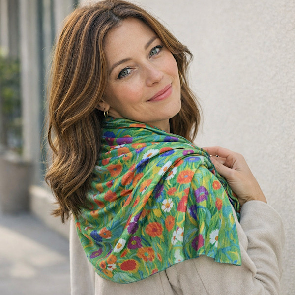 silk art scarf styled with coat