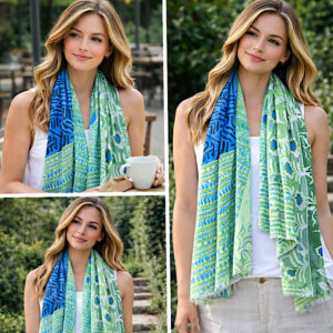 woman wearing sage green blue scarf