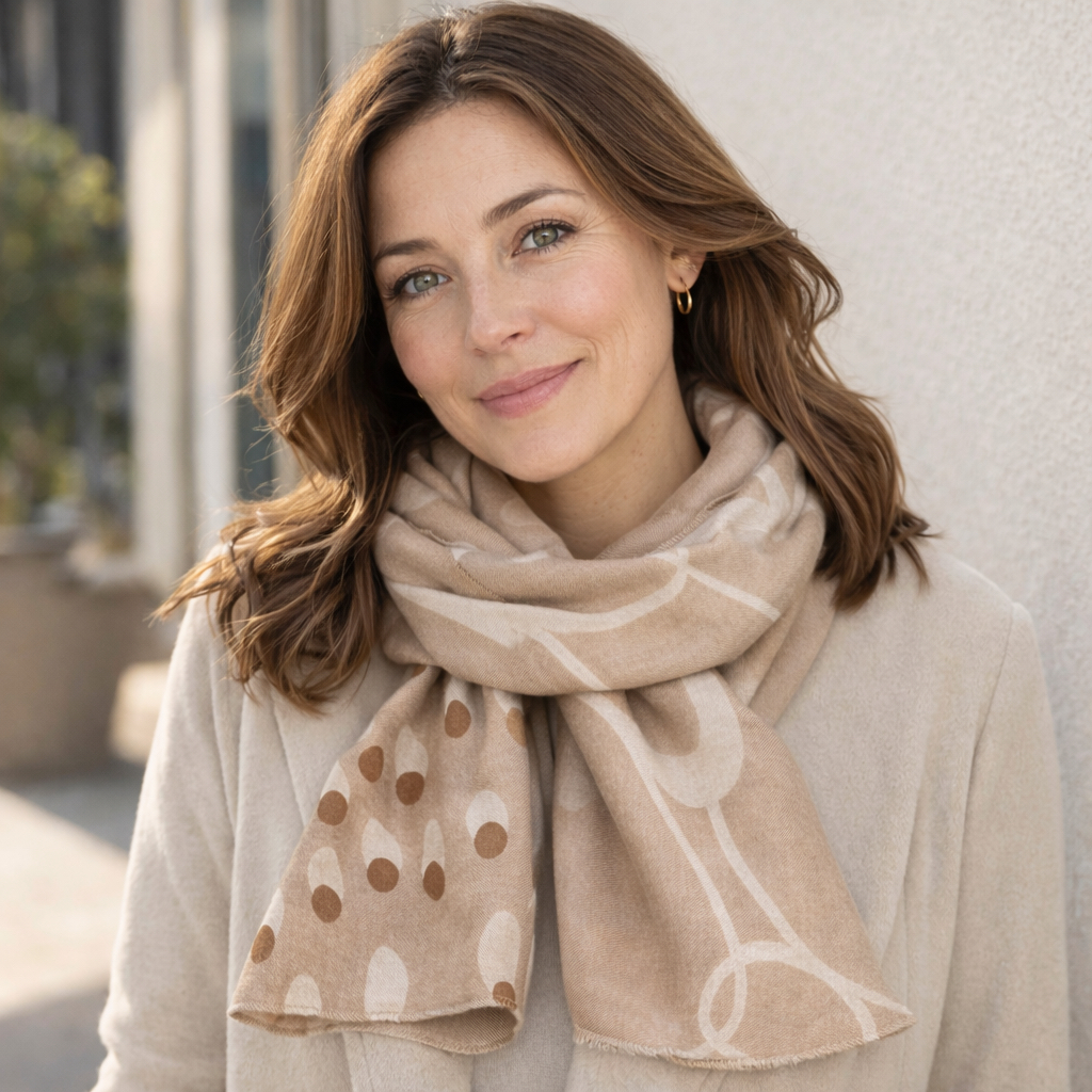 woman wearing neutral scarf outfit