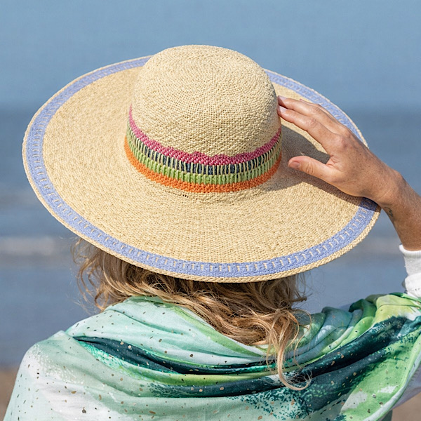 wide brim straw sun hat rainbow band