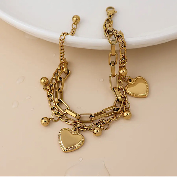4k gold plated mixed chain bracelet heart charm