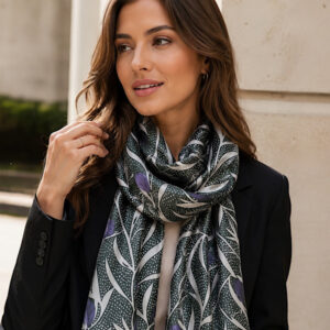 woman wearing recycled botanical dotty print fashion scarf