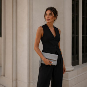 woman carrying grey crock bag