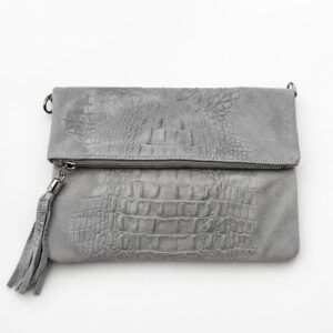 Light grey croc leather foldover clutch bag with silver hardware