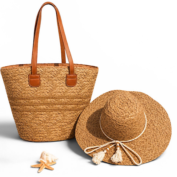 matching woven sun hat and tote bag set