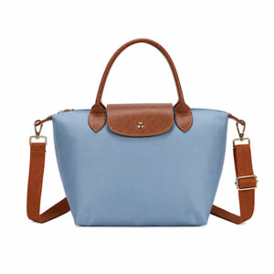 Blue denim nylon tote bag with tan handles