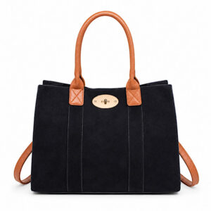 black tote handbag with tan handles