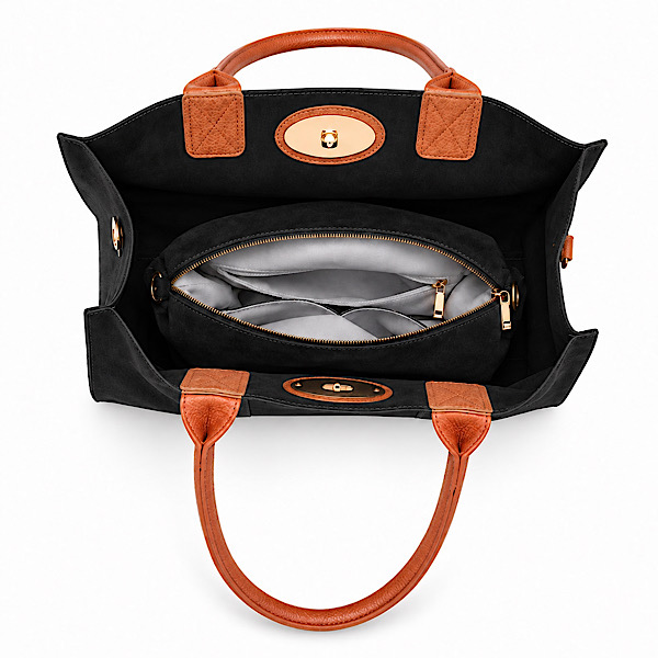 black faux suede tote bag interior