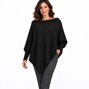 Black Wool Blend Batwing Sleeved Poncho