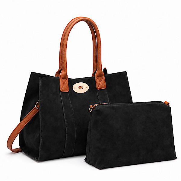 black faux suede tote bag with tan details