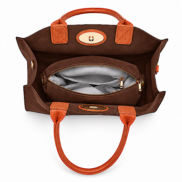 coffee brown tote bag with removable zipped inner bag