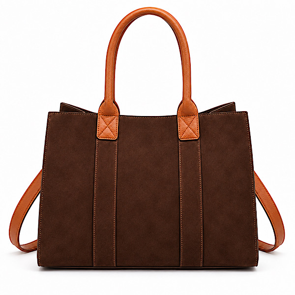 coffee faux suede tote bag with shoulder strap